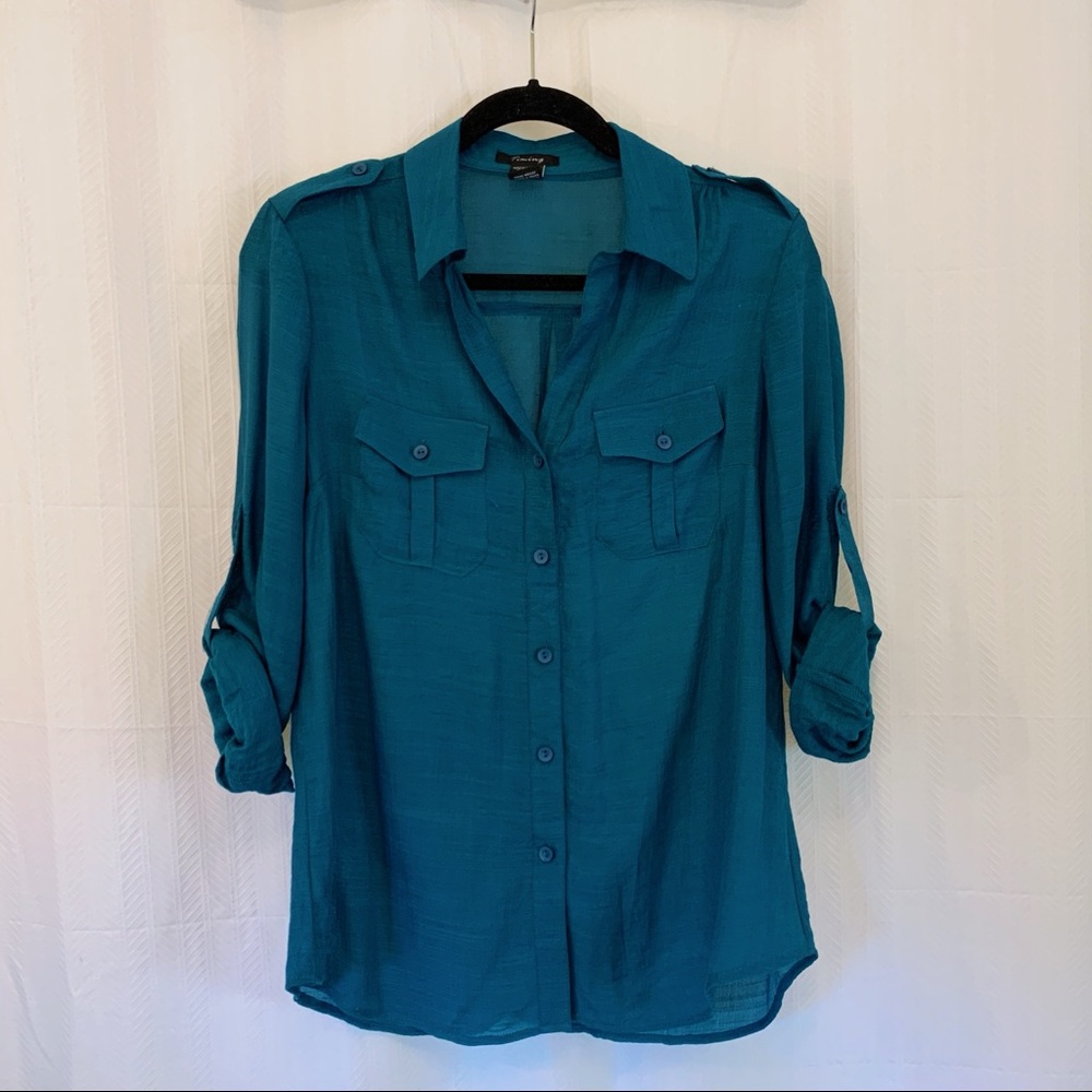 Timing Button Down Sheer Teal Top - Size Large
